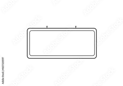 Rectangular sign hanging from two supports frame with rounded corners surrounds a blank interior space