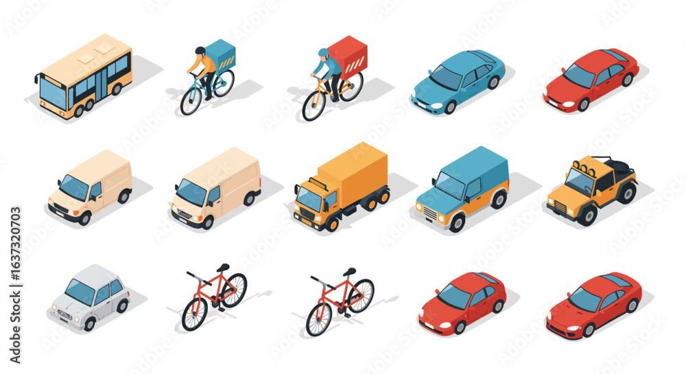 Naklejka premium Flat 3d isometric high quality city transport car icon set. Bus, bicycle courier, Sedan, van, cargo truck, off-road, bike, mini and sport cars. Urban public and freight vehihle 