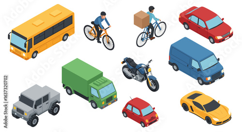 Flat 3d isometric high quality city transport car icon set. Bus, bicycle courier, Sedan, van, cargo truck, off-road, bike, mini and sport cars. Urban public and freight vehihle 