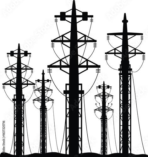 Silhouette of high-voltage electricity pylons and transmission towers with power lines against white background for energy infrastructure concept