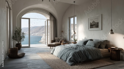 Coastal interior design of modern bedroom with arched ceiling.