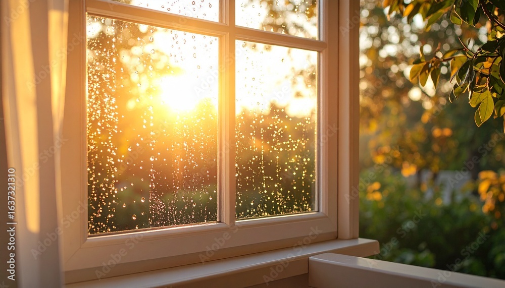 Fototapeta premium Bright sunrise view through a rain-speckled window, creating a cozy morning atmosphere.