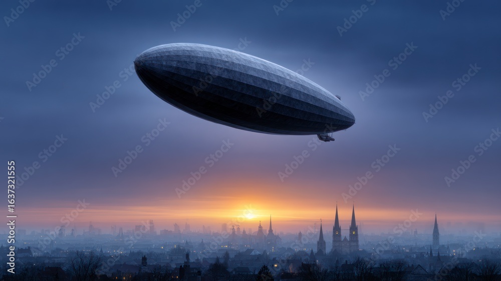 Obraz premium Giant airship dirigible floats over a historic city skyline at sunrise