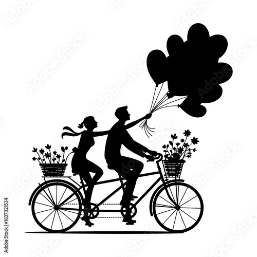 Silhouetted couple riding tandem bicycle with balloons and flowers