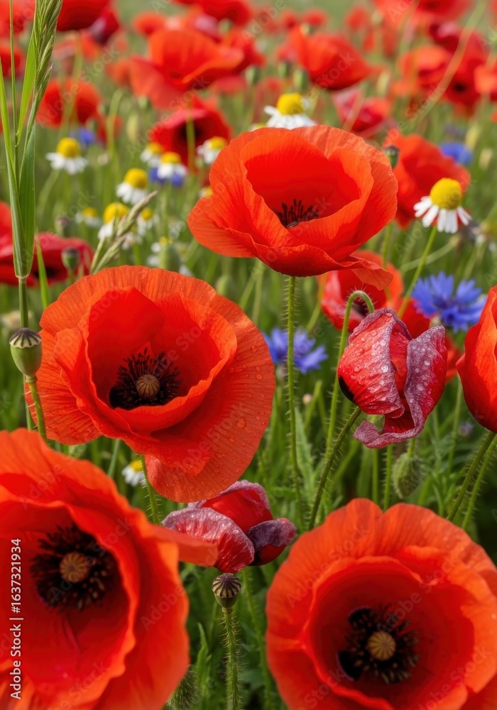 Fototapeta premium Vibrant red poppies blooming in a meadow, a colorful celebration of nature