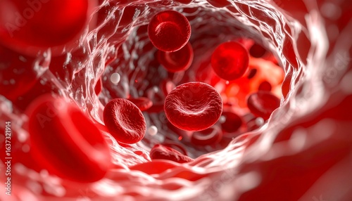 High-quality 3D medical illustration of red blood cells moving inside the bloodstream, circulation and anatomy concept.