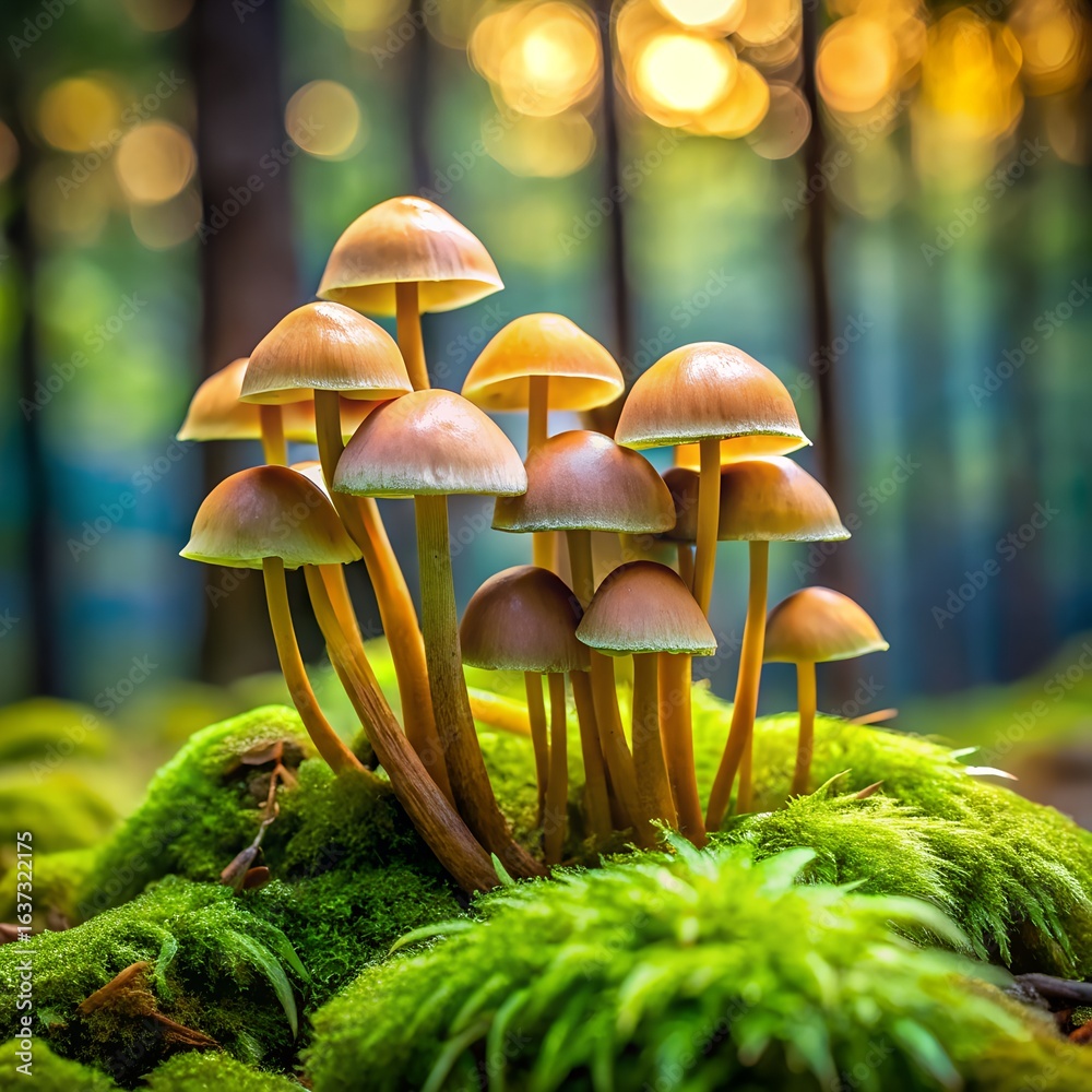 Fototapeta premium A group of delicate brown mushrooms emerges from lush green moss in a sundappled forest