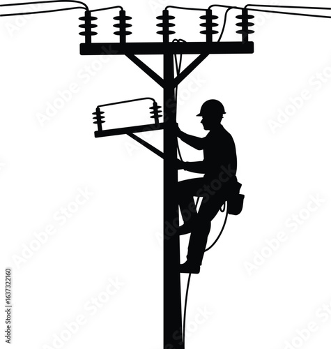 Silhouette of lineman climbing utility pole for electrical maintenance, power restoration, and energy infrastructure work with safety harness and tools