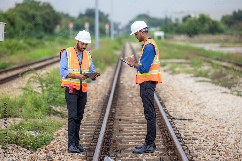 Professional railway logistic team using digital technology freight train inspection cargo management, Logistic engineer inspection freight train operation efficiency rail logistic freight train cargo Professional railway logistic team using digital technology freight train inspection cargo management, Logistic engineer inspection freight train operation efficiency rail logistic freight train cargo