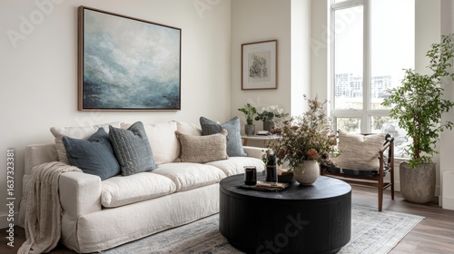 Contemporary neutral living room with a soft-textured sofa, black round coffee table, abstract wall art, and decorative pillows. Calm earthy color scheme.