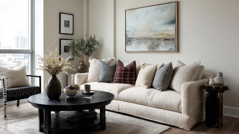 Fototapeta premium Contemporary neutral living room with a soft-textured sofa, black round coffee table, abstract wall art, and decorative pillows. Calm earthy color scheme.