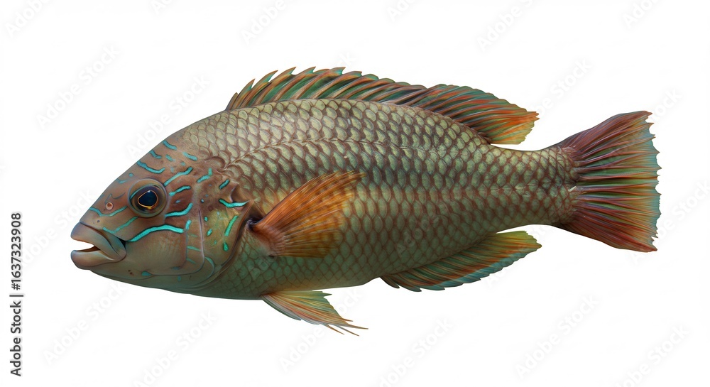 Fototapeta premium Vibrant tropical fish swims against bright white background. AI Generated