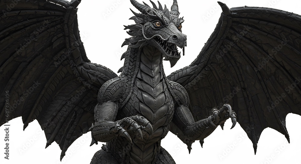 Fototapeta premium Majestic stone dragon sculpture powerfully posed against bright white background. AI Generated