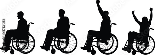 Silhouettes of a man in a wheelchair progressing from sitting to celebrating with raised arms, symbolizing success, motivation, and inclusion