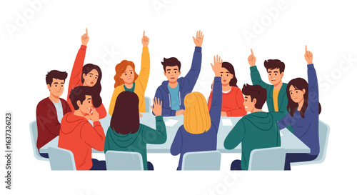 Diverse group raising hands during a meeting or presentation, ready to participate and engage