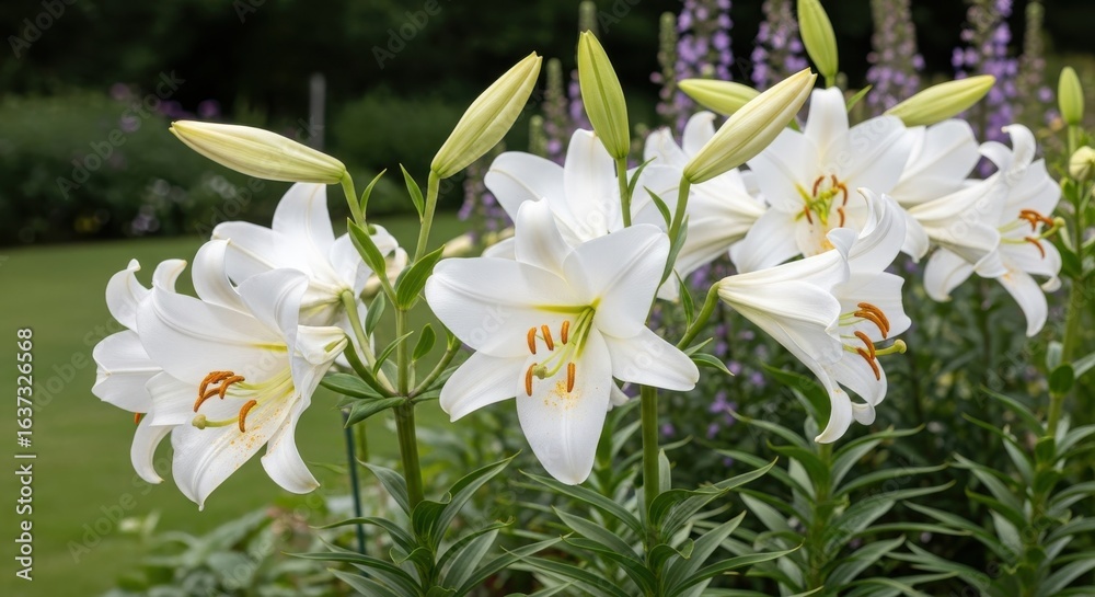 Obraz premium Elegant cluster of white lilies blooming gracefully in lush greenery garden