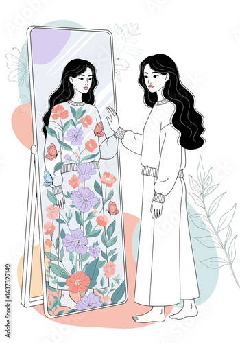 Minimalist flat illustration of a woman looking into a mirror at her inner world of blooming flowers.