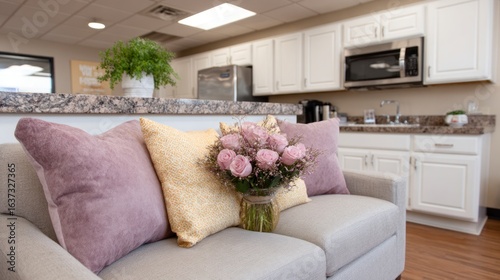 Wallpaper Mural A comfortable sofa with decorative pillows and a bouquet of pink roses in a vase Torontodigital.ca