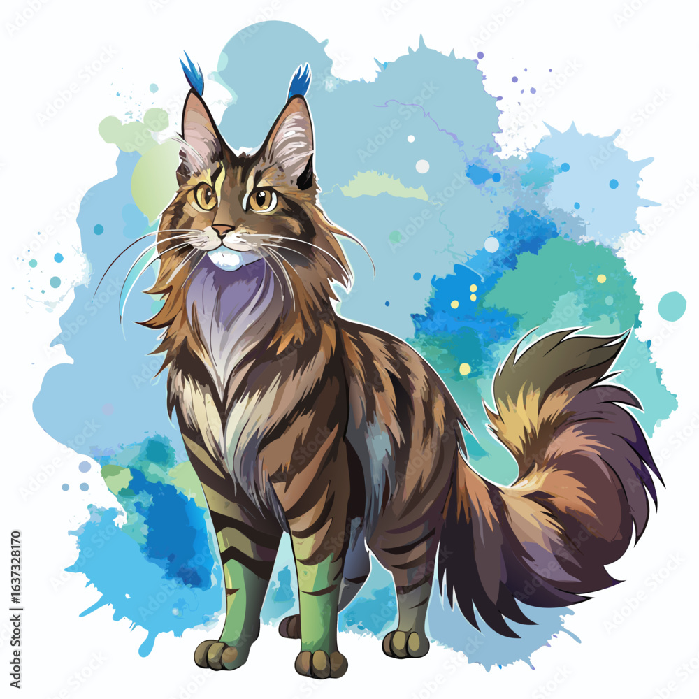 Obraz premium vector illustration of maine coon, standing proud, watercolor