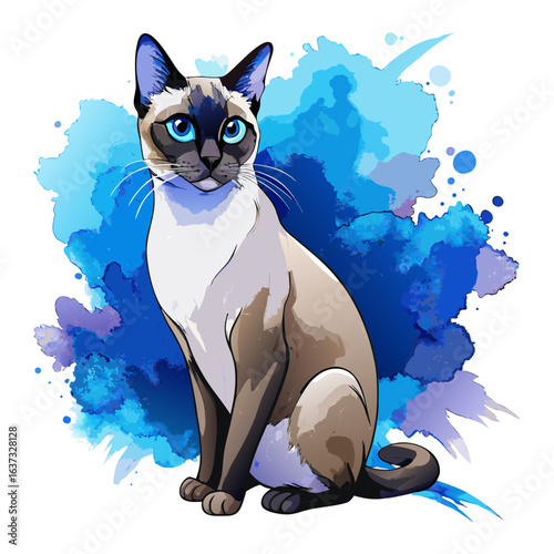 vector illustration of siamese cat, alert sitting, watercolor