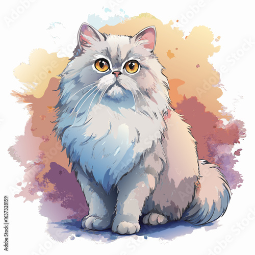 vector illustration of persian cat, grooming, watercolor