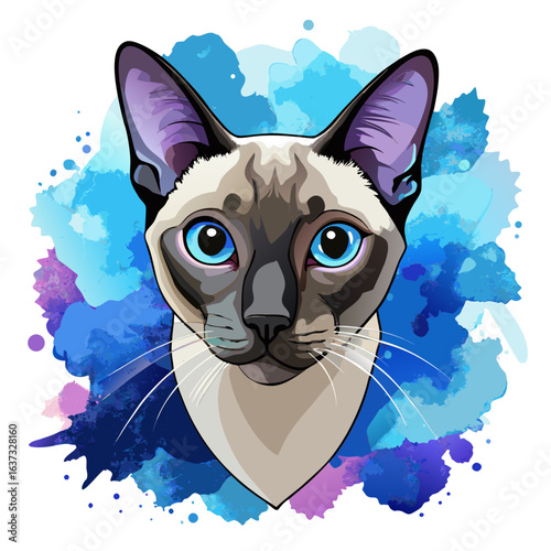 vector illustration of siamese cat, head close-up, watercolor