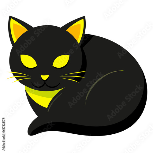 vector illustration of black cat, sleeping, flat design