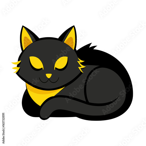 vector illustration of black cat, sleeping, flat design