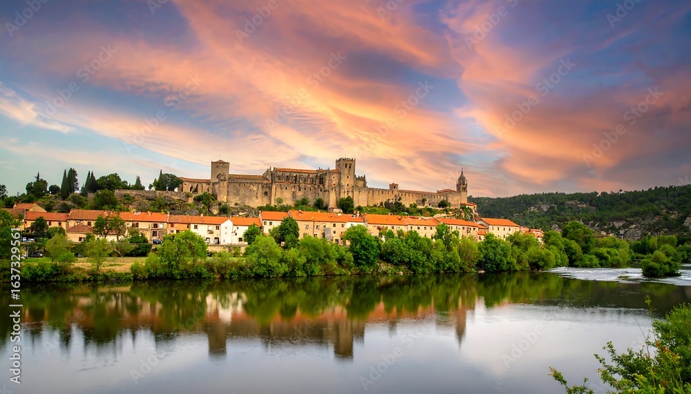 Fototapeta premium A picturesque riverside town at sunset