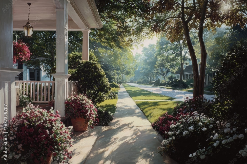 Obraz premium Sunlit suburban street with a porch