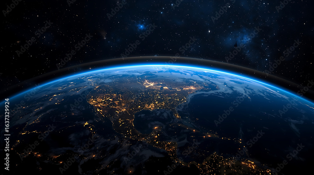 Fototapeta premium The image depicts a satellite orbiting Earth in outer space, illuminated by city lights across continents and surrounded by numerous stars and cosmic light effects against a deep blue background.
