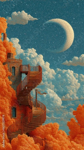 Autumnal dreamscape; spiraling staircase ascends a building nestled amongst fiery foliage under a crescent moon and starry night sky