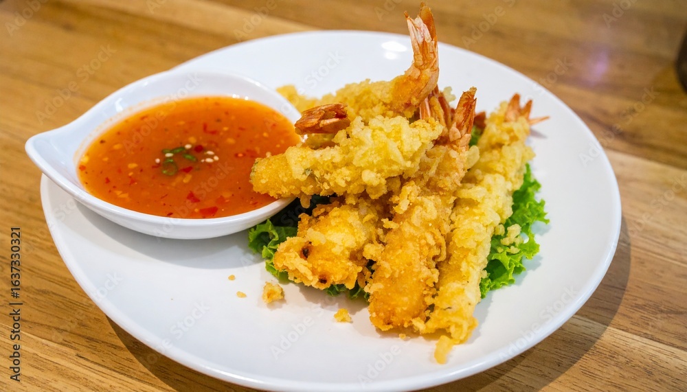 yummy shrimp in tempura with sweet and sour sauce yummy shrimp in tempura with sweet and sour sauce