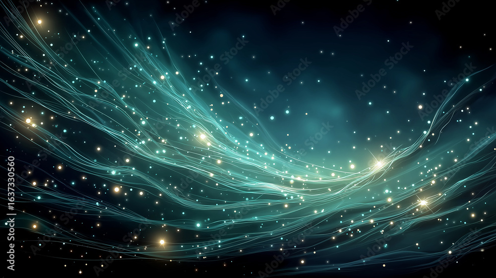 Fototapeta premium Mystical Cosmos: An ethereal display of celestial dance. Waves of radiant teal light intertwine, speckled with shimmering particles, evoking a sense of infinite space and wonder.
