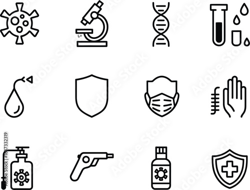 Collection of hand drawn medical and scientific icons related to health and disease prevention