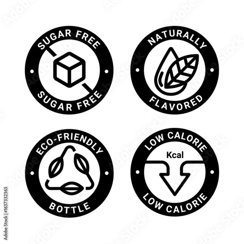 Drink icons set Sugar Free _ Naturally flavored _ Low-calorie _ Eco-friendly bottle