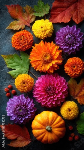 Autumnal arrangement of flowers and pumpkin