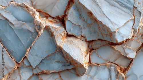 Close-up of fractured, light-blue stone with rust-colored veins