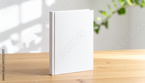 White hardcover book standing on a wooden table with soft shadows, serving as a blank mockup for design or publishing concepts.