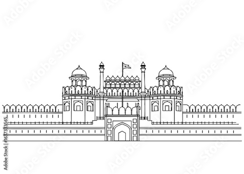 Red Fort Vector Line Drawing, Red Fort New Delhi Line Drawing, an Indian historical monument.