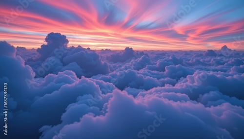 cloudy cotton candy sky with frosted cyan with bubblegum pink, soft rolling layers, hints of twilight violet, infinite open sky horizon, serene and calming