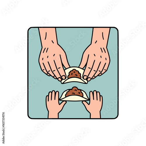 A pair of big hands and small hands carefully shape dumplings, showing a shared cooking moment
