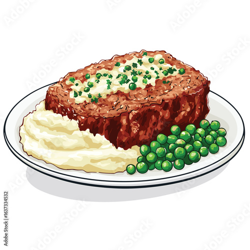 2D flat vector of meatloaf slice with mashed potatoes and peas, homestyle dinner meal vector illustration