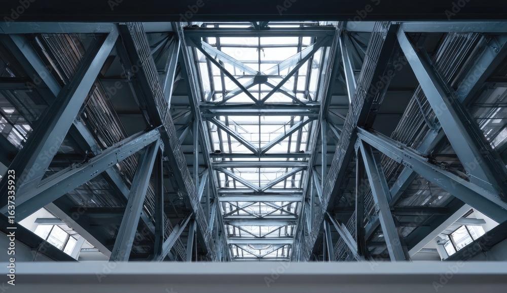 Fototapeta premium Industrial metal framework, spanning a large space, with a network of beams and supports