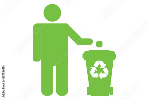 Eco-friendly icon showing person disposing waste into recycling bin.