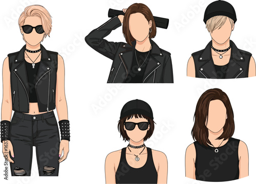 Five stylized faceless figures in black outfits, showcasing different hairstyles and accessories.