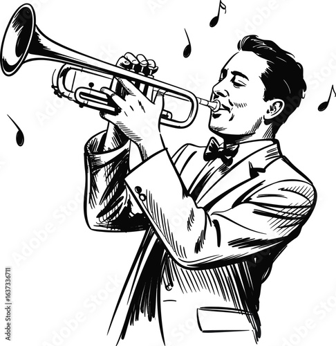 Trumpet player drawn in sketch style, accompanied by musical notes, all on a transparent background
