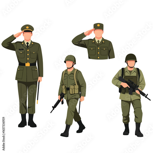 Illustration of four soldiers in green uniforms, one saluting, one bust, and two carrying rifles.