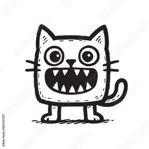 Funny cartoon cat monster doodle with sharp teeth. Hand-drawn black and white character illustration with big eyes. Quirky vector graphic.