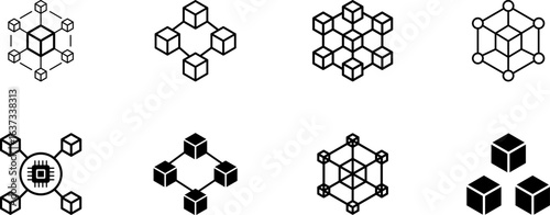 Set of blockchain cryptocurrency bitcoin icon. Crypto currency block chain logo icon isolated on transparent background